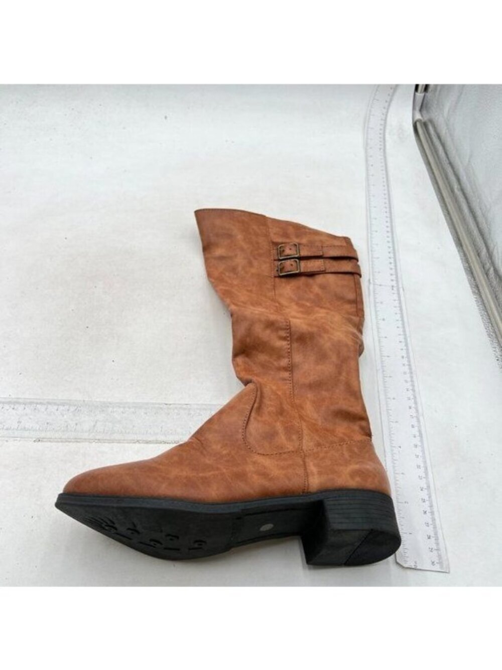 Knee High Boots Women Faux Leather Elastic Boots Low Heel Round Toe Boot Brown